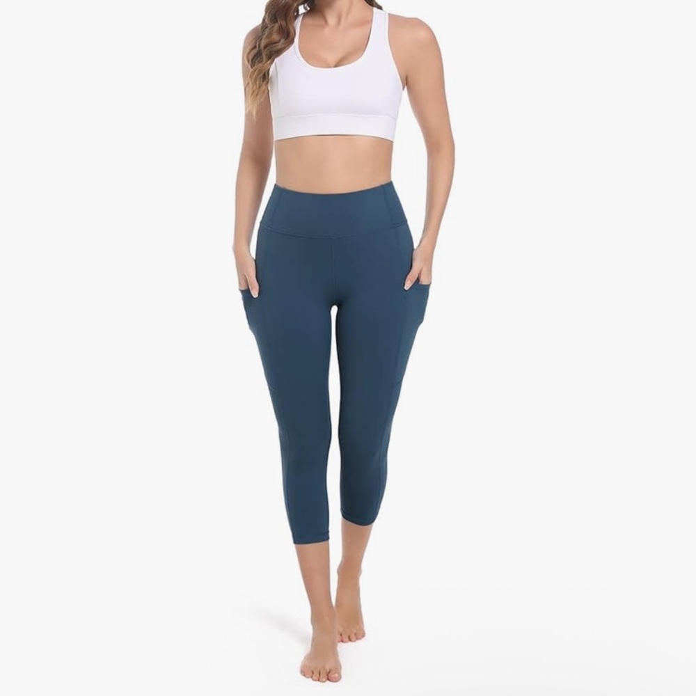 Dark Ocean Blue Capri Women's Leggings side pockets - Picture 2 of 7